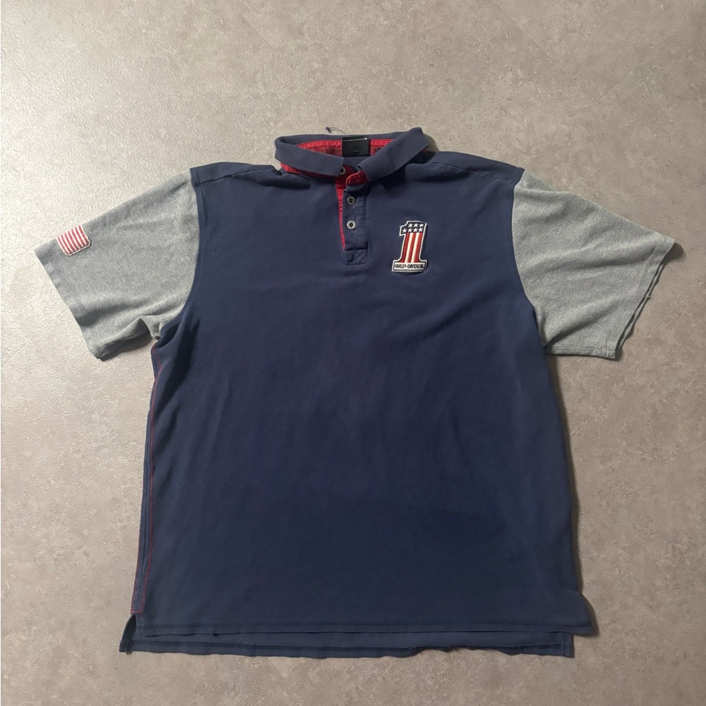 Vintage Harley-Davidson Blue and Gray Polo Shirt with Classic Design Size XL
